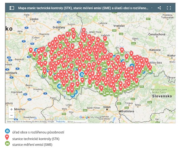 Mapa obecních úřadů, stanic technické kontroly (STK) a stanic měření emisí (SME)
